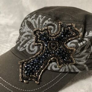 Kbethos Women's Black Cotton Cadet Hat Adjustable Beaded Cross Embellished